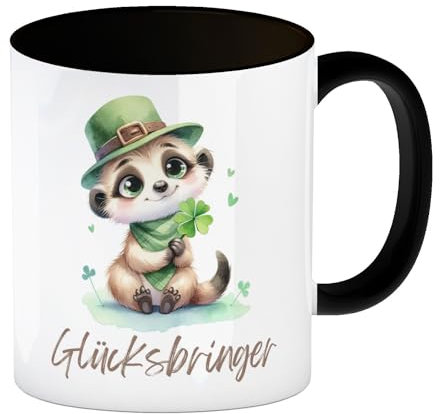 Erdmännchen Glücksbringer Kaffeebecher in schwarz niedlich süß und pflanzenliebend - Tier Tasse als Glücksbringer mit grünem Kleeblatt in der Hand