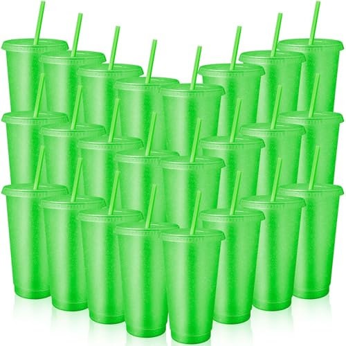 24 Pcs Reusable Cups with Lids and Straws 24 oz Glitter Iced Coffee Tumbler Plastic Travel Mug Cup for Smoothie Juices Birthday Sleepover Party Supplies (Fluorescent Green)