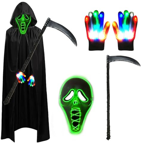 Shengou Halloween Sensenmann Kostüm Set,Halloween Kostüm,Sensenmann Kostüm Erwachsene,Leuchtende Maske Set mit Sensemann Umhang und Sense und Glow Handschuhe für Party Karneval Cosplay