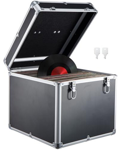 Youyijia Record Storage Box 12 Vinyl LP Storage Box Case Aluminum Portable Lockable DJ Flight Carry Case Holds 100pcs Albums Vinyl Record Storage LP Storage Case (Black)