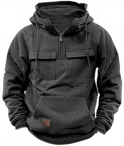PADOLA Pull Homme 1/4 Zip Veste Polaire Cargo Sweat Manches Longues Multi-Poches Sweat à Capuche Vintage Rétro Pulls Automne Hiver Hoodie Pull de Travail Tricot Veste mi Saision (1 Gris Foncé, M)