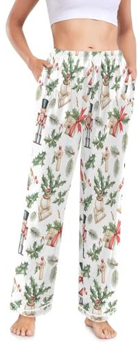 Pantaloni da pigiama da donna in raso setoso, gamba larga, casual, pantaloni da pigiama da donna, pantaloni larghi con tasche, Schiaccianoci di Natale carino, X-Large