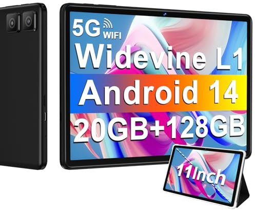 Tablet 11 Pollici Android 14 con Widevine L1, 8000 mAh+Ricarica Rapida 18 W, 5MP+13MP, 20 GB RAM+128 GB ROM (Espandibile Fino a 1 TB), 5G Wi-Fi, GPS, Octa-Core 2.0 GHz, 1280*800, Face ID, USB-C, Nero