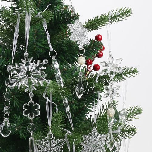 KINDPMA 18 Pezzi Decorazione Natalizia Acrilico Decorazioni Albero di Natale Ghiaccioli Addobbi Fiocchi di Neve in Cristallo Acrilico Natalizia Inverno Festa Addobbi Trasparente