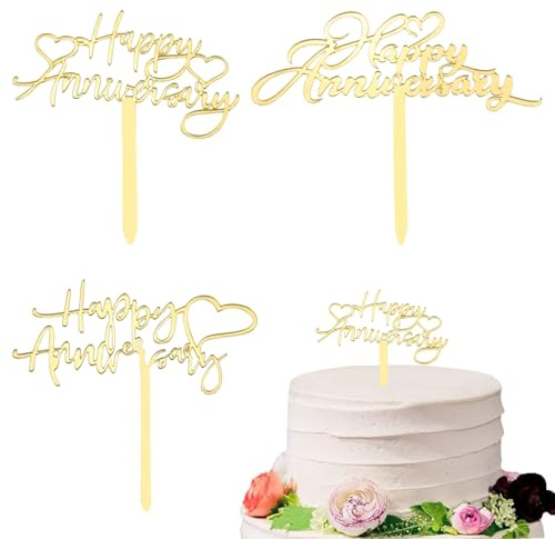 3Pcs Gold Glitter Happy Anniversary Cake Toppers Elegant Wedding Engagement Party Cake Decor Supplies