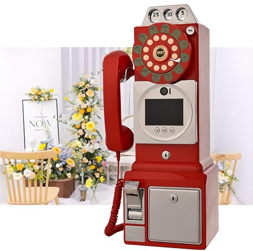 SAIYERUS Wall Mounting Video & Audio GuestBook, Wedding Phone Video Audio Guest Book, 1080p HD Pixels, Antique Rotary Dial Phone GuestBook Decorations for Bridal Shower, Birthday, Graduations,Red-64G