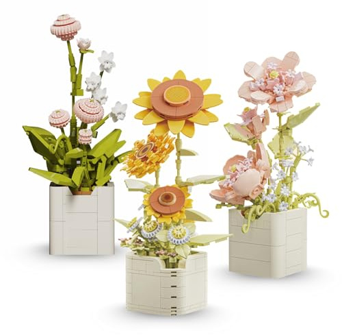New Block Collezione Bouquet - Set di costruzione fiore - Modello di fiore in mattoni per adulti - Kit di costruzione creativo e decorativo - Idea regalo originale (3 Flower Pack - B)