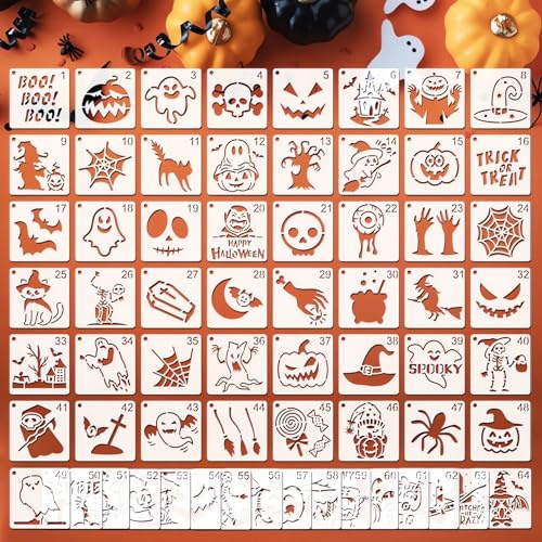 Halloween-Schablonen zum Malen, 64 Stück, 7,6 cm Schablonen zum Basteln, wiederverwendbar, gruselige Vorlagen für DIY-Halloween-Dekor, erstellen Sie Kürbis-, Geister- und Hexenkunst auf Holz, Stoff