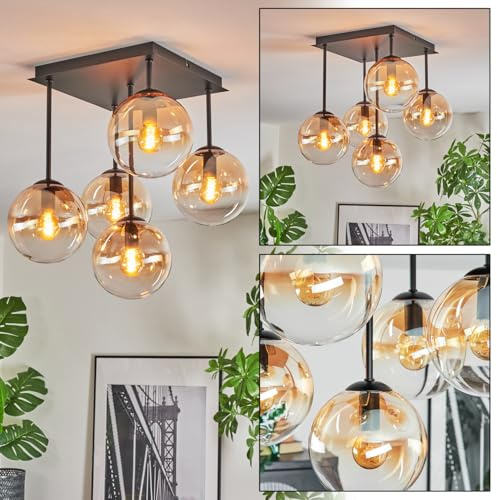 HOFSTEIN Deckenleuchte Gastor, 5-flammige Deckenlampe aus Metall/Glas in Schwarz/Bernstein/Klar, moderne Leuchte im Retro/Vintage-Design (Schirme Ø 15 cm), E14, Esszimmer, Wohnzimmer, Schlafzimmer