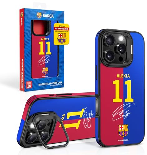 OCPC iPhone 16 Pro Max Hülle – FC Barcelona Alexia-11 Edition – Offiziell Lizenziertes Leder Case, Ständer & Kameraschutz – Premium Schutzhülle Stoßfest