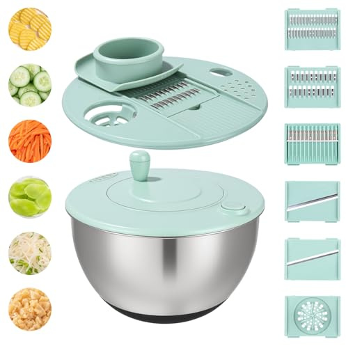 Centrifugadora de Ensalada de Inoxidable, Centrifugadora de Ensalada de 5L, Grande Centrifugador de Ensaladas, Base Antideslizante, 6 Accesorios,Apta para Lavavajillas, Escurridor Verduras