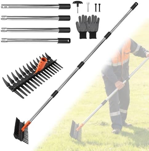 MIGUBIGU Rastrello Giardino per Erba con Manico Regolabile 75cm/110cm/145cm, Rastrello per Foglie, Rastrellos per Paglia, Estirpatore Erbacce Manuale per Arare e Dissodare il Terreno