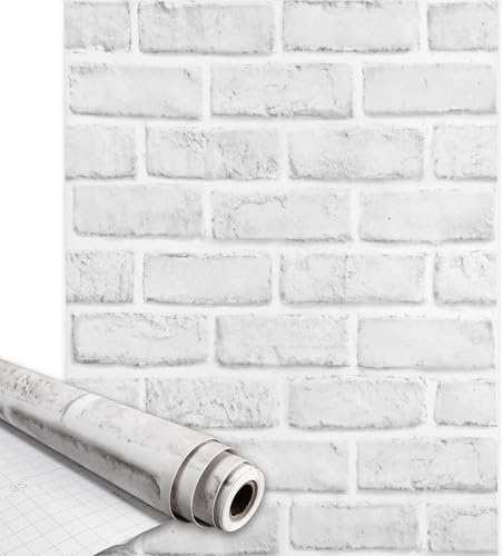 Qenlup Grey White Brick Wallpaper, 44.5x1000cm | Self Adhesive Brick Effect Wall Paper Peel and Stick for Living Room Bathroom Kitchen
