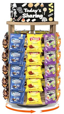 Emfogoo 360° Drehbar Snackregal, 5 Etagen Snackregal Aufbewahrungsregal mit 50 Clips, Holz Süßigkeiten Chips Snack Regal Display für Läden, Zuhause, Büro, Die Theke und Verkaufsstände(Rustikal Braun)