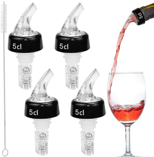 SLTAXAR Doseur Alcool Et Bec Verseur, Kit De 4 Bouchons Doseurs 5cl Avec Brosse Pour Bouteilles Doseur Pour Vin, Spiritueux, Huile D'olive Et Vinaigre Accessoire Indispensable Pour Bar