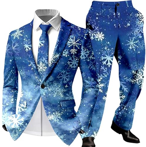 Generisch Herren Winter-Anzug, 3-teilig, mit Schneeflocken-Motiv - Hellblauer Party-Anzug mit Sakko, Hose und Krawatte | Festliches Outfit für Weihnachten