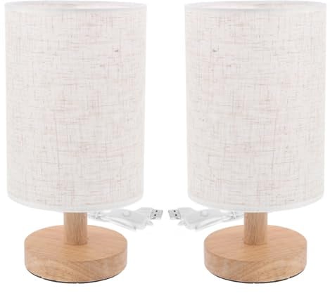 TOVINANNA 2 Stück Nachttischlampen 3 W Holz Gewebe Metall Weihnachten Feier | Beige, Handgepresstes Blumenmuster, Dekorative Beleuchtung mit Schalter, für Tischplatte und Wohnraum