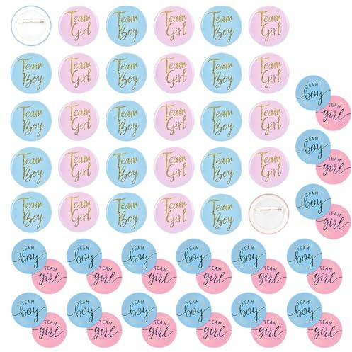 30 Stück Geschlecht Offenbar Button + 30 Gender Reveal Sticker, 4,5cm Boy or Girl Pin Gender Reveal Rauchbombe, Team Boy und Team Girl Pin Abzeichen für Baby Shower Party Dekoration (Blau, Rosa)