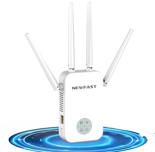 NEWFAST WiFi Extender Booster 1200Mbps Wi-Fi Range Extender, Dual Band WiFi Booster 5.8GHz, 5Modes, 4Pcs 3dbi Antennas, Compatible with Any Wireless Router, 802.11AC, UK Plug
