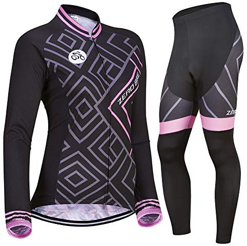 ZEROBIKE Damen Atmungsaktiv Schnelltrocknend Fahrradtrikot Set, Outdoor Lange Ärmel Radsport-Shirt + 3D Gel Gepolsterte Fahrradhose (0030, M)
