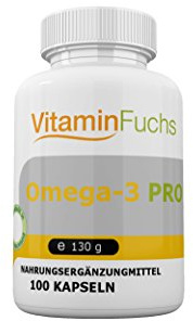 Omega 3 Fettsäuren Kapseln mit DHA, EPA und Vitamin E. 100 Fischölkapseln mit je 1000mg Omega3 hochdosierten wertvollen essentiellen Fettsäuren von VitaminFuchs
