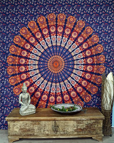 GURU SHOP Boho-Style Wandbehang, Indische Tagesdecke Mandala Druck- Blau/orange/lila, Baumwolle, 230x210x0 cm