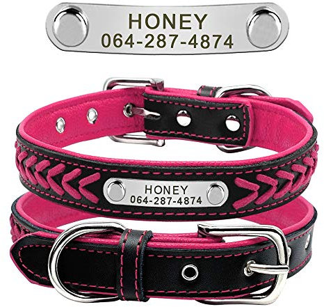 Beirui Gepolstertes Hundehalsband aus Echtleder, personalisierbar, sichere Passform, Halsband mit Namen, rot/schwarz/pink/lila/gelb/violett/Weiß, XS, S, M, L, XL