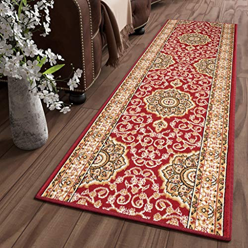 TAPISO Bali Teppich Läufer Flur Brücke Kurzflor Klassisch Floral Ornament Medaillon Rot Grün Weiß Design Korridor Schlafzimmer ÖKOTEX 70 x 180 cm