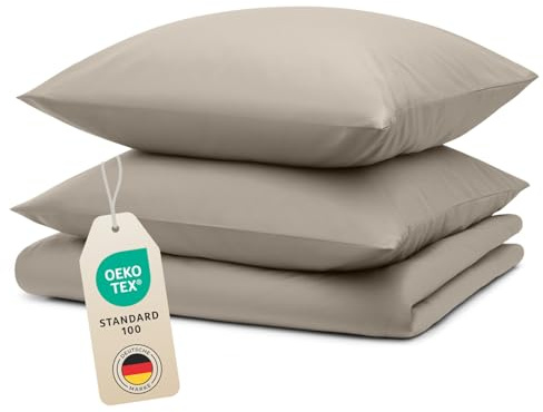 Blumtal Bettwäsche 240x220cm + 2X 50x80cm Kopfkissenbezug - Oeko-TEX zert. Mikrofaser Bettwäsche Set - Mikrofaser Bettbezug bis 95 °C - Deckenbezug + Kissenbezug 3-teilig - Sommerbettwäsche Taupe