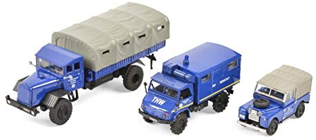 Schuco 452656000 H0, Mercedes Benz 3er Set THW, Land Rover, Unimog 404, MB LG 315