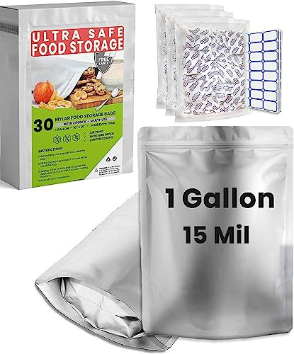 30 Mylar Bags for Food Storage 1 Gallon - Extra Thick 15 Mil - Long Term & Food Grade - Mylar Bags with Oxygen Absorbers 400cc- Zipper, Resealable, Stand-up Gousset - Bolsas Mylar con Abosrbentes