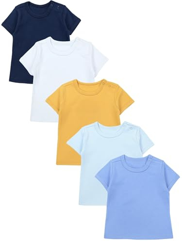TupTam Baby Jungen Kurzarm T-Shirt mit Aufdruck Unifarben Sterne Streifen 5er Set, Farbe: Mehrfarbig 5, Größe: 92