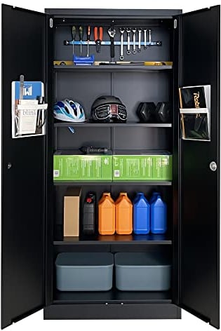 iJINGUR Metal Storage Cupboard with Locking Doors and 4 Adjustable Shelves, Lockable Steel Storage Cabinet for Home Office Garage Kitchen Pantry (Black)