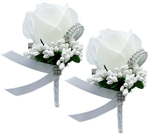 YANJINGHE 2 Stücke Rose Ansteckblume, Boutonniere Anstecknadel, Hochzeit Ansteckblume, Handgefertigt Künstliche Blume Herren Ansteckblume mit Pin und Clip für Hochzeit, Abschlussball, Party(Weiß)