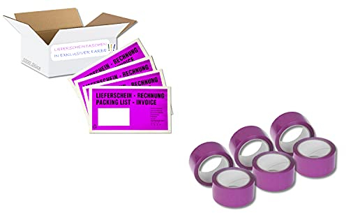 SET = 1000 Versandtaschen + 6 Packbänder - Lieferschein/Rechnung - DIN Lang (Pink)