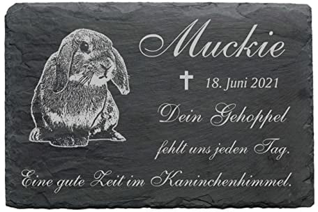 Zwergkaninchen Tiergrabstein Schiefer Gedenktafel Grabstein graviert mit Wunschtext Name Datum 22 x 16 cm | Dekolando