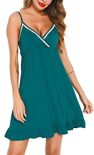Lovasy Camicia da Notte Donna Cotone Sexy Sottoveste Spalline Regolabili Colletto Babydoll e Biancheria da Notte,Z-Verde,XL