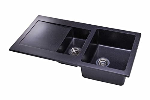 NAKA DG005 Spülbecken aus Granit mit Siphon 95 x 50 cm | Küchenspüle Einbauspüle mit 1 und 1/2 Becken | Waschbecken Küche Fleckenbeständig Spüle | Granitspüle mit Abtropfschale Schwarz