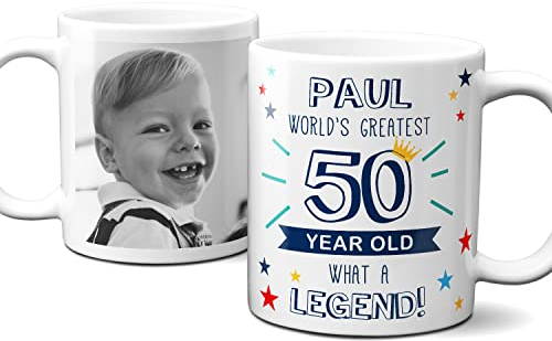 Thoughtful Gifts Personalised World’s Greatest Age 50 Mug, 50th Birthday, Personalised Photo Mug 50-Year-Old Man, Personalised Cup 50th Birthday, Personalised Gift 50-Year-Old. Add Name and Photo