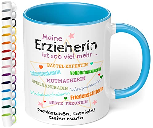 Tasse personalisiert Meine Erzieherin ist soo viel mehr - Dankeschön Kaffeetasse mit Spruch als Abschiedsgeschenk Kindergarten Kita für Erzieherin, Tagesmutter - spülmaschinenfest (Hellblau)