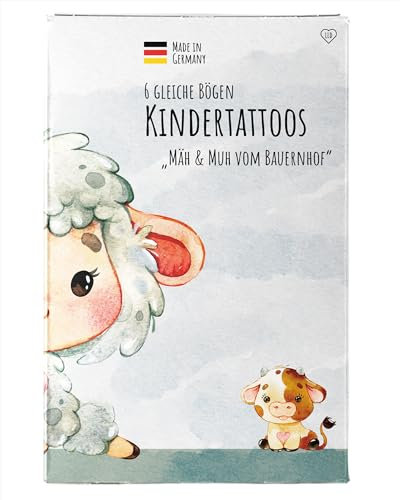 Besonders hautfreundliche Kindertattoos Mäh & Muh vom Bauernhof, Klebetattoos Tiere, Kindergeburtstag Waldtiere, 6 gleiche Bögen