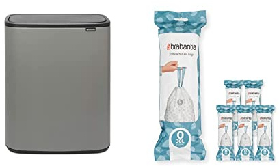 Brabantia Bo Touch Bin - 2 x 30 Litre Inner Buckets (Mineral Concrete Grey) Waste/Recycling Kitchen Bin + O Liners Multipack Box (120 rolls)