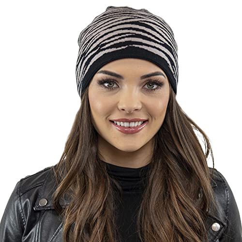 VIVISENCE Damen Beanie Wintermütze Warm Und Bequem Kopfbedeckung Für Herbst Und Winter Warm Dick Zebra-Print, Klassisch Mütze Für Frauen, Hergestellt In EU, Schwarz-Beige