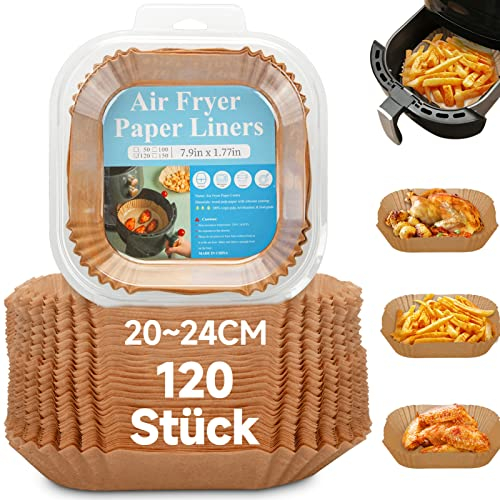 120pz Carta Forno per Friggitrice ad Aria 20CM, Accessori per Friggitrice ad Aria, Carta Friggitrice ad Aria Antiaderente Monouso per Friggitrice ad Aria da 4-8 Litri (Quadrata)