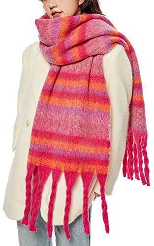 OUNIYA Große Chunky Plaid Schal Kariert Bunte übergroße Schals Weiche Große Kaschmir Wolle Dicke Winter Warme Decke Frauen, Pinkfarbene Streifen, Large
