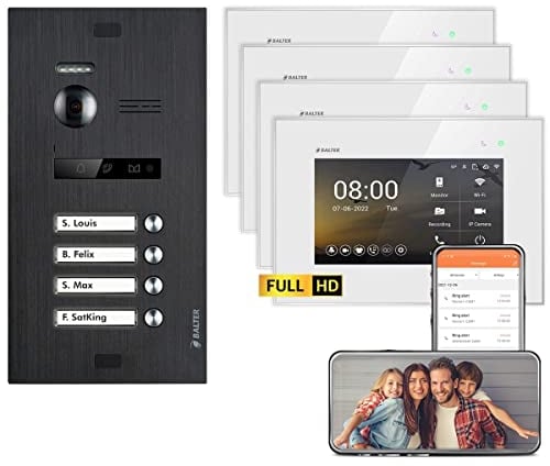 Nonic Balter EVO HD Schwarz/Weiß WiFi Video Türsprechanlage Set für 4 Familienhaus (1x Türstation mit Full HD-Kamera, 4X Touchscreen 7 Zoll Monitor, Smartphone APP, 2-Draht, 175° Weitwinkel)