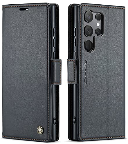 QLTYPRI Hülle für Samsung Galaxy S23 Ultra Handyhülle mit RFID Schutzhülle, Vintage Leder Hülle mit Kartenfach Ständer PU Ledertasche Stoßfeste Flip Wallet Case für Samsung S23 Ultra - Schwarz