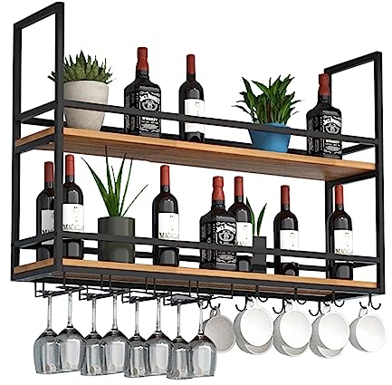 Deckenregal Weinregal, Eisen Weinglas Regal Decke Dekoration Regal, industrielle hängende Weinflasche Halter 2-Schicht, für Bar Cafe Küche Lagerung Rack mit Glashalter und Regal (Schwarz, 100×30×80cm)