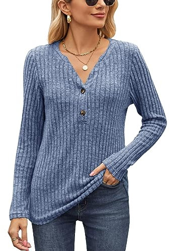 Akiooue Royal Blue Women's V-Neck Long Sleeve Jumpers, Casual Knit Tops