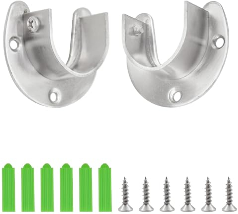 CEEYSEE 2 Pieces Round Tube Bracket 32 mm U-Shape Wardrobe Rod Holder 304 Stainless Steel Cabinet Rail Bracket with 6 Pieces Screws Rods Flange Set for Wardrobe, Window (FLZ-U/32 mm)